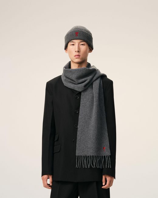 AMI Gray Wool Scarf With Ami De Coeur