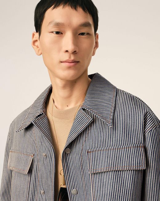 AMI Gray Striped Cotton Camp Collar Overshirt for men