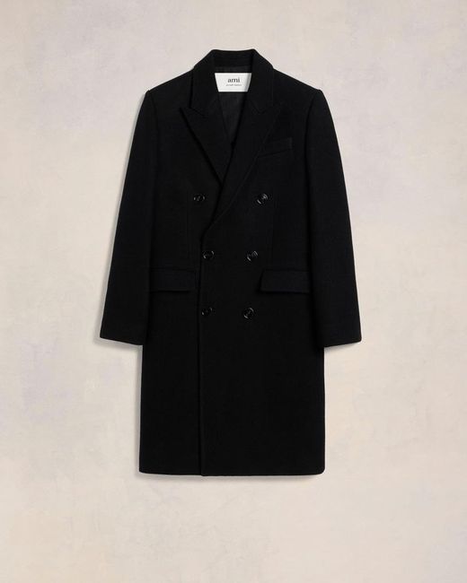 AMI Black Tailored Double-Breasted Wool Overcoat for men