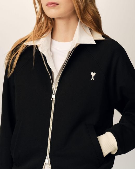 AMI Black Zipped Cotton Sweatshirt With Ami De Coeur