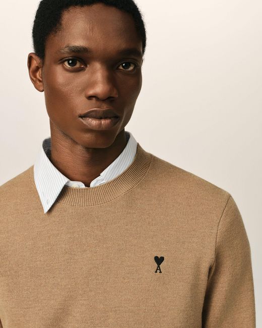 AMI Natural Crewneck Wool Sweater With Ami De Coeur for men