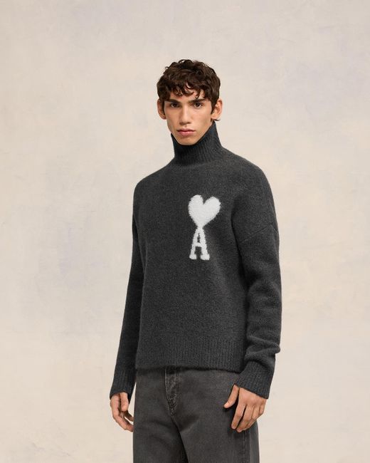 Ami Paris Off- Ami De Coeur Funnel Neck Sweater in Gray | Lyst