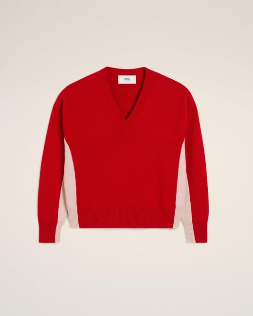 Pull Rouge Bicolore Col V En Maille En Laine Coquelicot & Mastic AMI pour homme en coloris Red