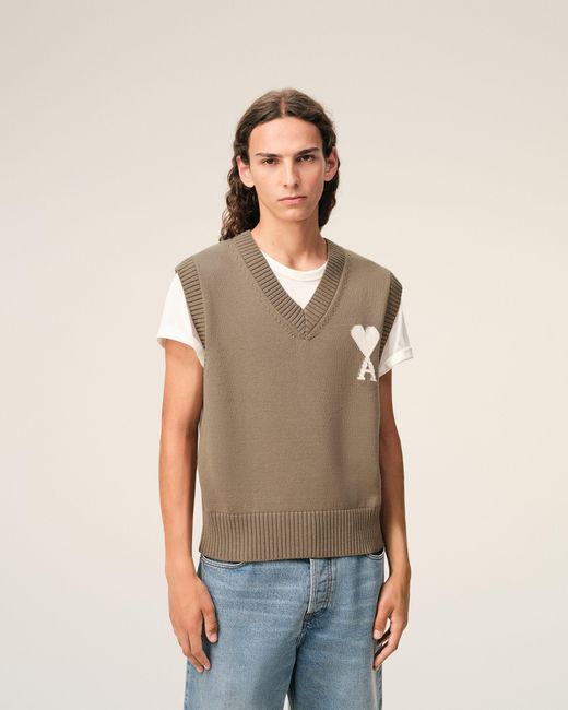 AMI Natural Wool And Cotton Sleeveless Ami De Coeur Sweater