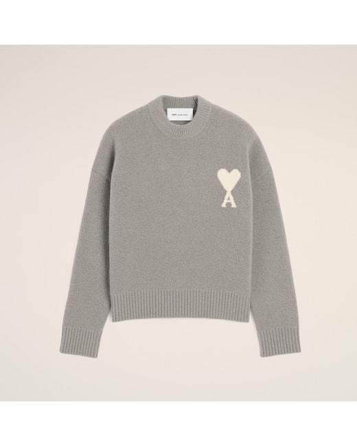 AMI Gray Crewneck Alpaca Sweater With Ami De Coeur