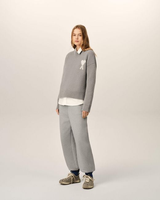 AMI Gray Crewneck Alpaca Sweater With Ami De Coeur