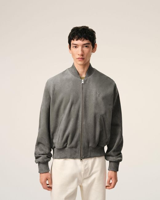 AMI Gray Goat Leather Ami De Coeur Zipped Jacket for men