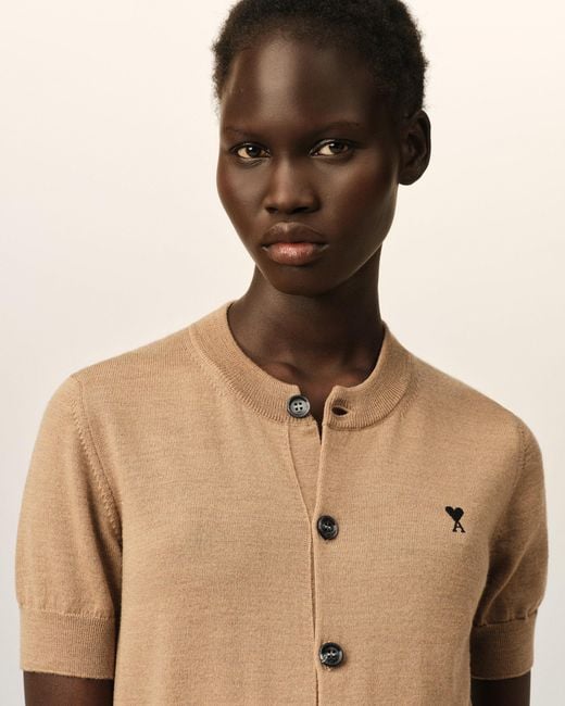 AMI Natural Wool Short-Sleeve Cardigan With Ami De Coeur