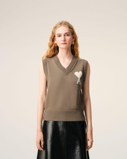 AMI Natural Wool And Cotton Sleeveless Ami De Coeur Sweater