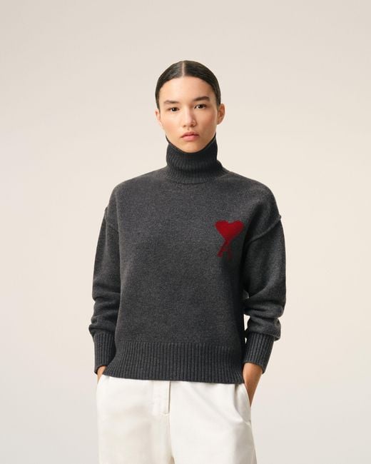 AMI Black Funell Neck Wool Sweater With Ami De Coeur