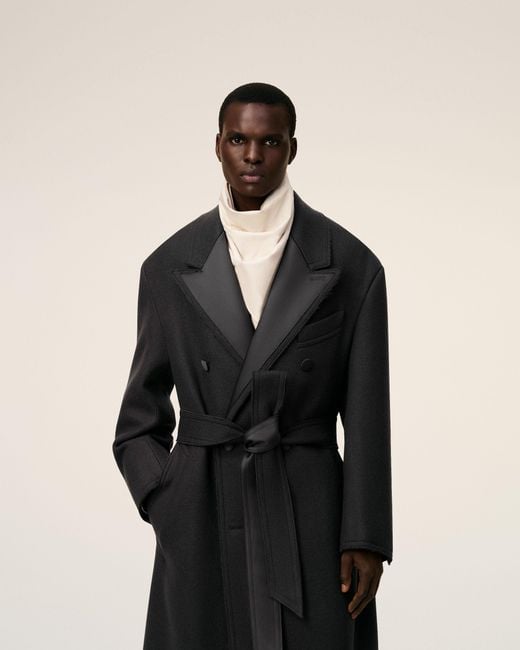 AMI Black Wool Smocking Double Breasted Long Coat for men