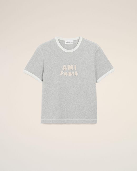 AMI Gray Cotton Knitted Patch T-Shirt