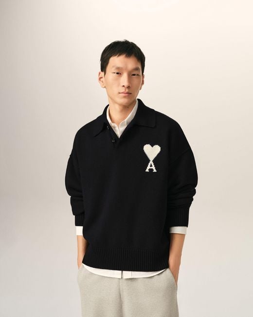 AMI Black Wool Polo With Ami De Coeur