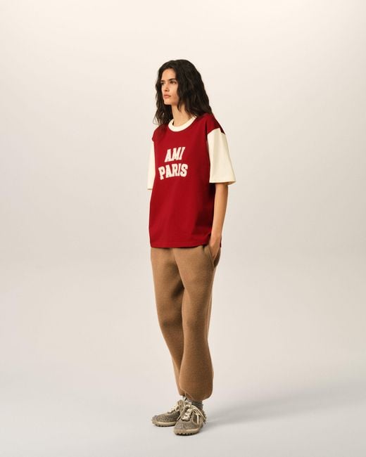 AMI Red Cotton T-Shirt With Embroidery