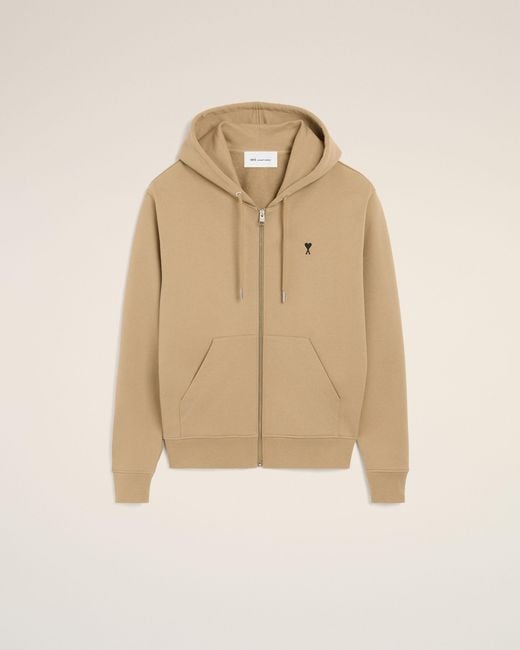 AMI Natural Zipped Cotton Hoodie With Ami De Coeur for men