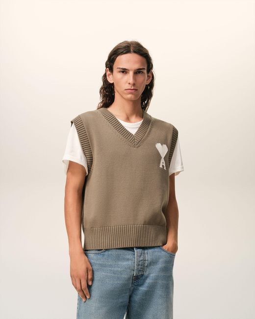 AMI Natural Wool And Cotton Sleeveless Ami De Coeur Sweater