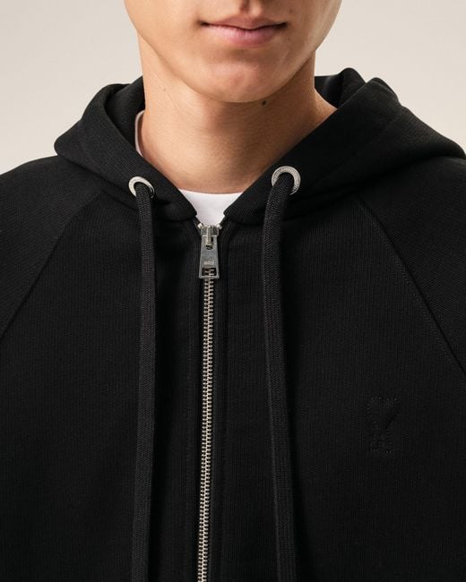 AMI Black Zipped Cotton Hoodie With Embossed Ami De Coeur