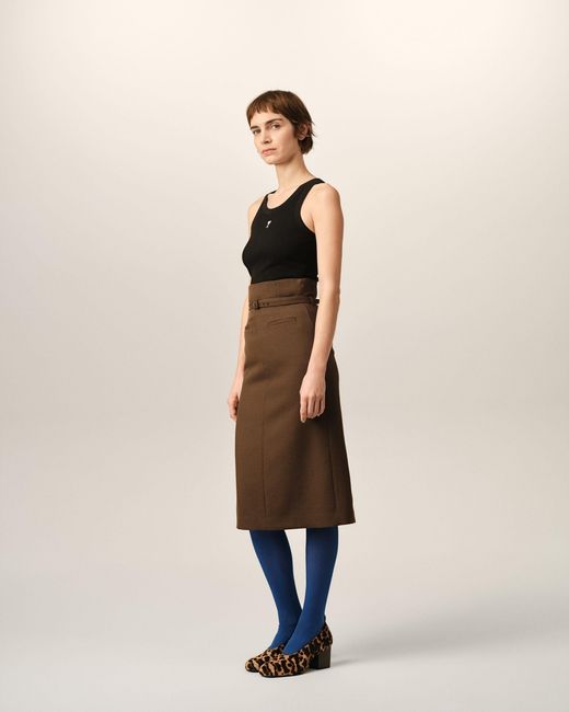 AMI Natural Pencil Belted Wool Skirt