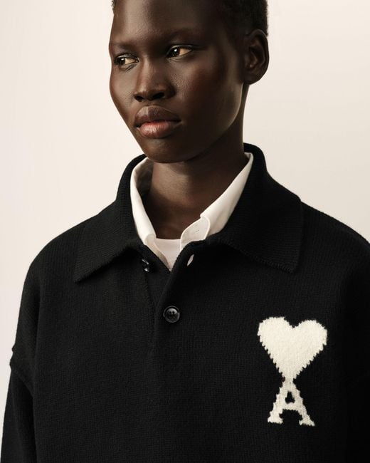 AMI Black Wool Polo With Ami De Coeur