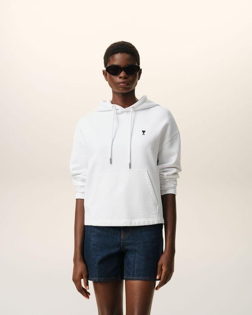 AMI Natural Cropped Cotton Hoodie With Ami De Coeur