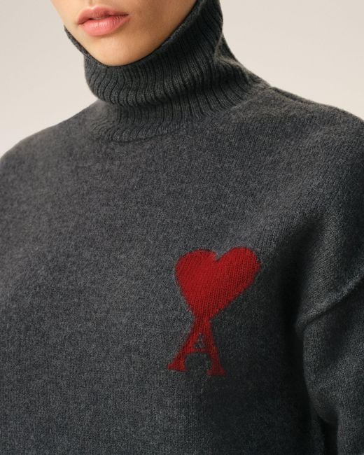 AMI Black Funell Neck Wool Sweater With Ami De Coeur