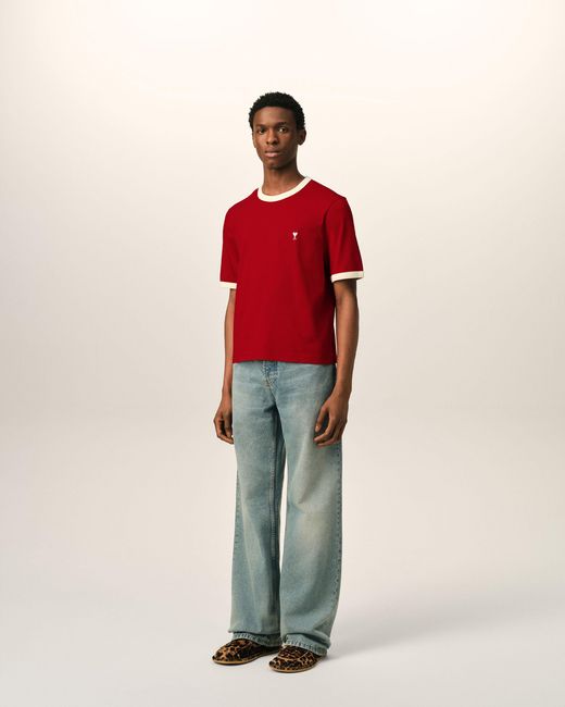 AMI Red Contrasted Cotton T-Shirt With Ami De Coeur for men