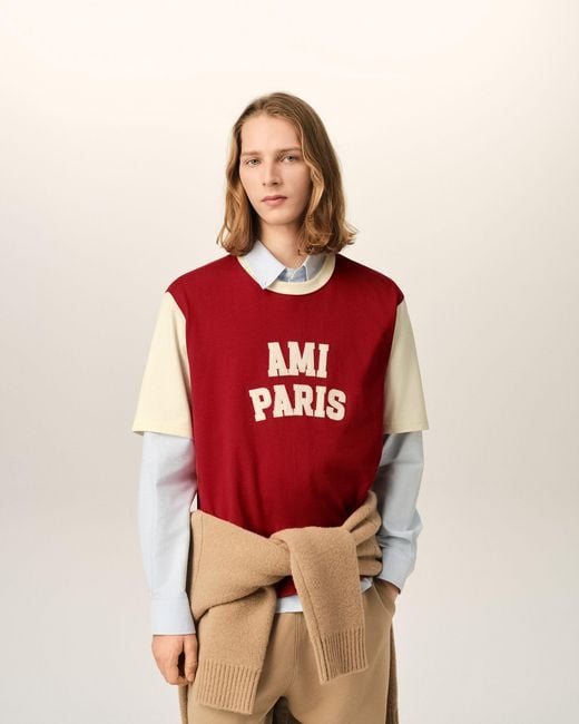 AMI Red Cotton T-Shirt With Embroidery