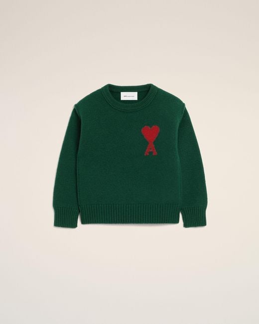 AMI Green Crewneck Wool Sweater With Ami De Coeur