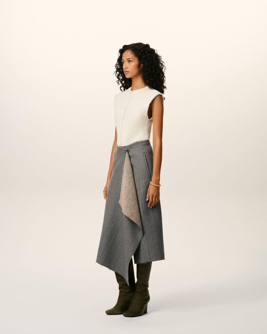 AMI Gray Wool Midi Herringbone Wrapped Skirt