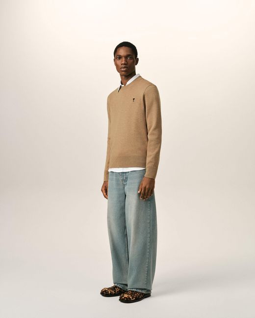 AMI Natural Crewneck Wool Sweater With Ami De Coeur for men