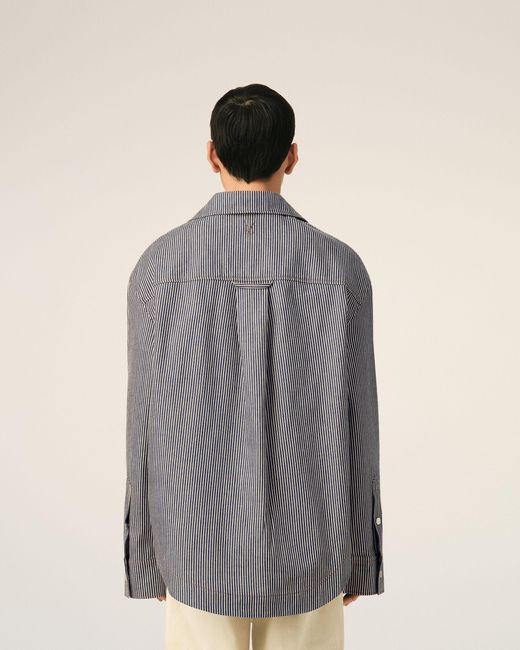 AMI Gray Striped Cotton Camp Collar Overshirt for men