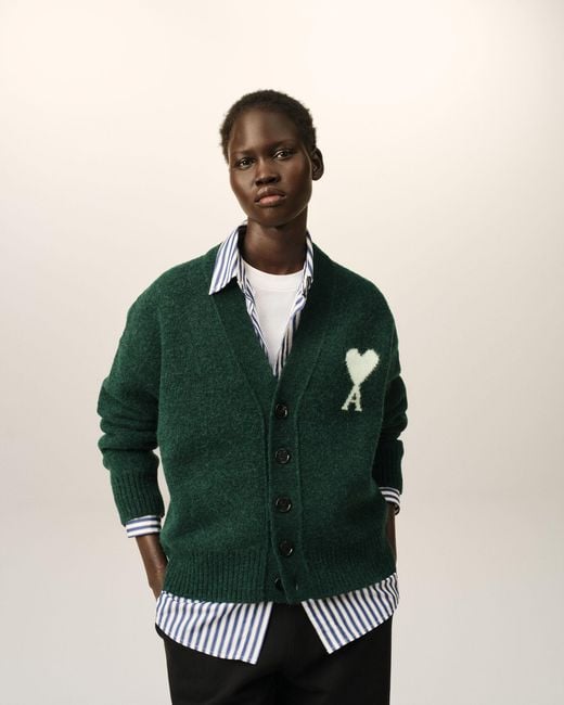 AMI Green Alpaca Cardigan With Ami De Coeur