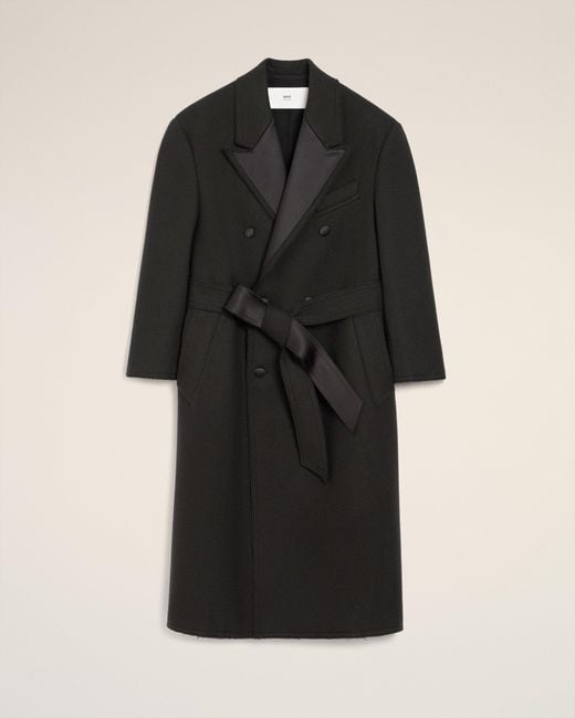 AMI Black Wool Smocking Double Breasted Long Coat for men