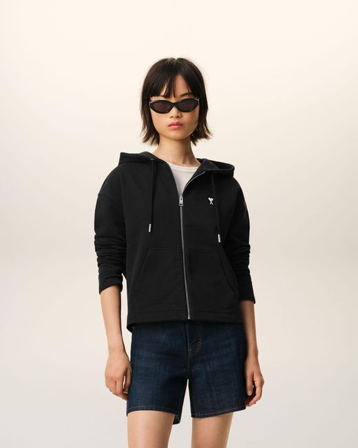 AMI Black Cotton Ami De Coeur Zipped Hoodie