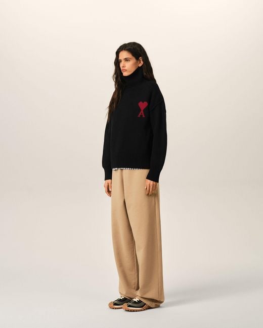 AMI Black Funell Neck Wool Sweater With Ami De Coeur
