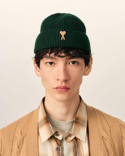 AMI Green Wool Ami De Coeur Beanie for men