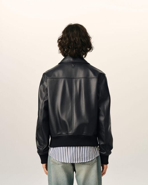 AMI Black Lamb Leather Zipped Jacket for men
