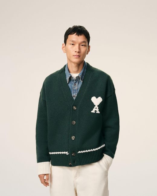 AMI Green Wool Ami De Coeur Cardigan