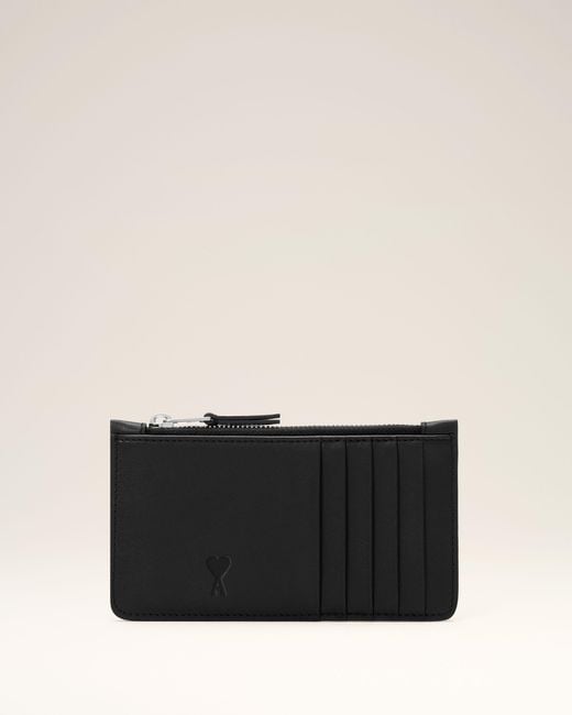 AMI Black Zipped Cowhide Leather Card Holder With Ami De Coeur