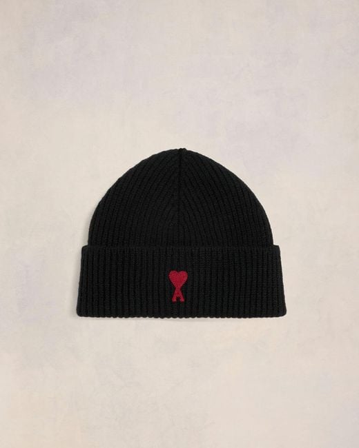AMI Black Wool Beanie With Contrasted Ami De Coeur