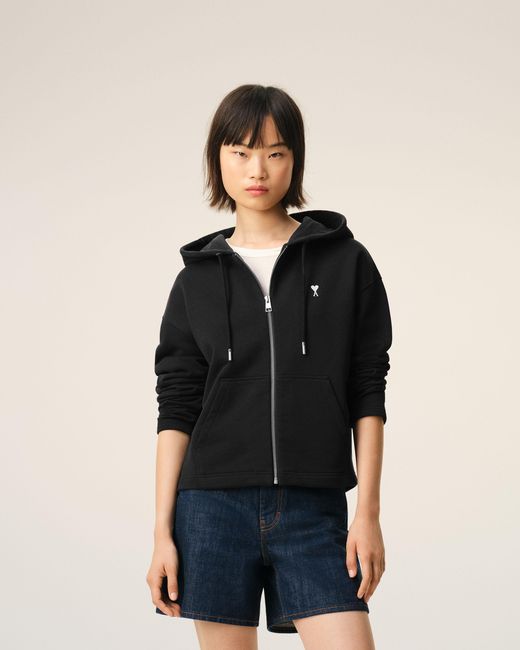AMI Black Cotton Ami De Coeur Zipped Hoodie