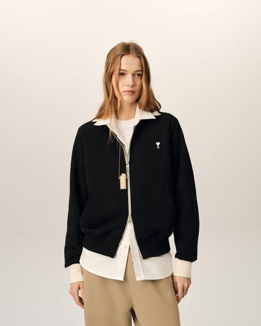 AMI Black Zipped Cotton Sweatshirt With Ami De Coeur