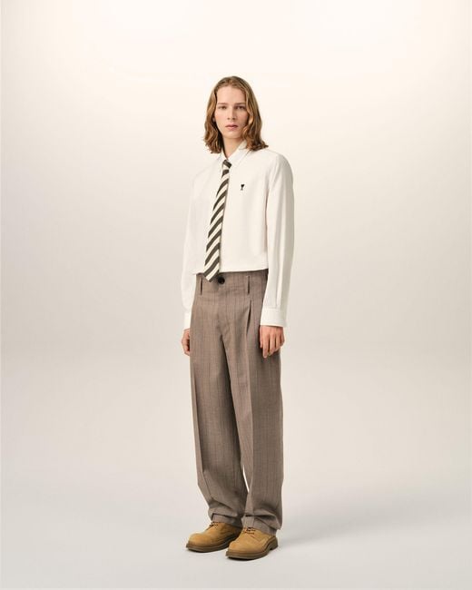 AMI Natural Striped Wool Two-Pleats Trousers for men