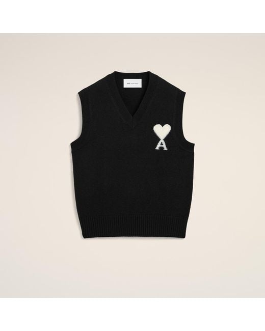 AMI Black Sleeveless Wool Sweater With Ami De Coeur