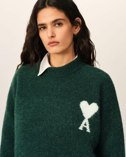 AMI Green Crewneck Alpaca Sweater With Ami De Coeur