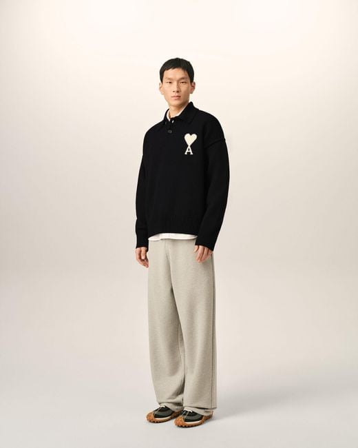 AMI Black Wool Polo With Ami De Coeur
