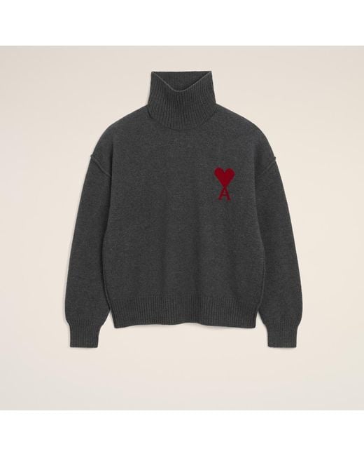 AMI Black Funell Neck Wool Sweater With Ami De Coeur