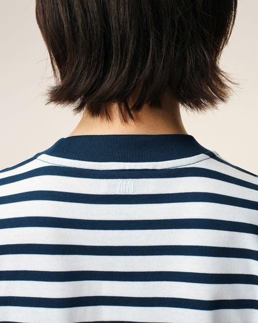 AMI Blue Cotton Boxy Fit Mariniere Ami De Coeur T-Shirt