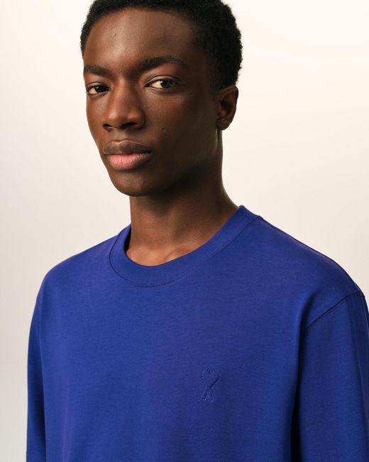 AMI Blue Cotton T-Shirt With Embossed Ami De Coeur