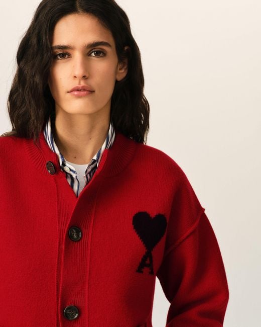 AMI Red Crewneck Wool Cardigan With Ami De Coeur